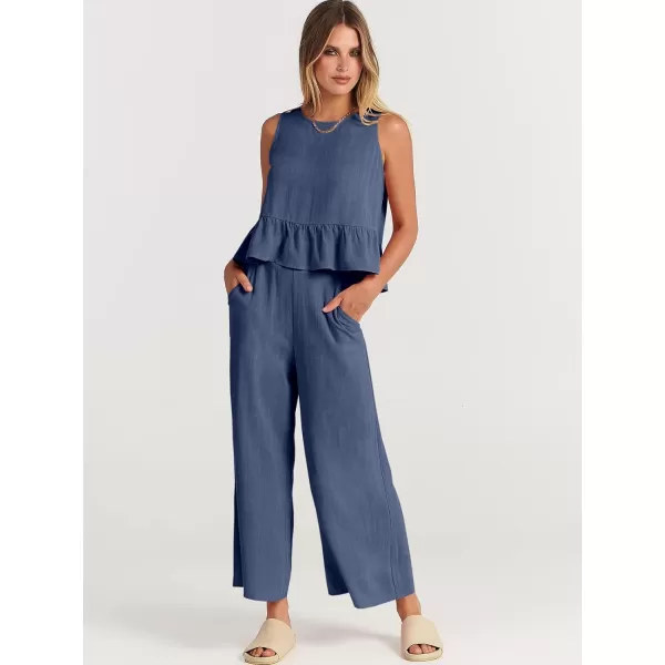imageANRABESS Womens Summer 2 Piece Outfits Sleeveless Tank Crop Top Wide Leg Pants Linen Lounge Matching SetsDeep Blue