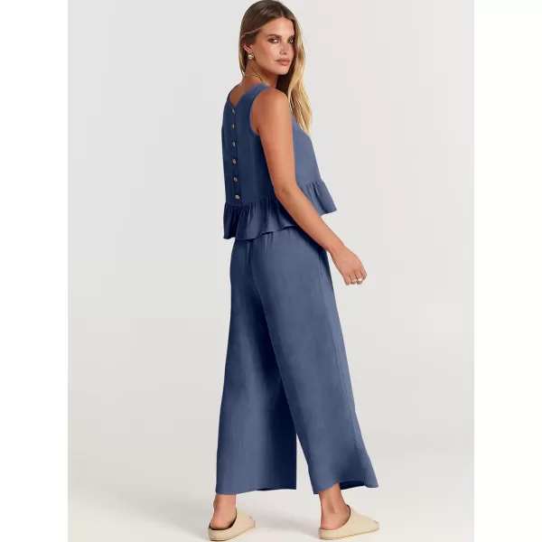 imageANRABESS Womens Summer 2 Piece Outfits Sleeveless Tank Crop Top Wide Leg Pants Linen Lounge Matching SetsDeep Blue