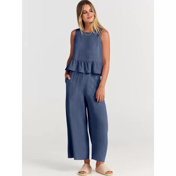 imageANRABESS Womens Summer 2 Piece Outfits Sleeveless Tank Crop Top Wide Leg Pants Linen Lounge Matching SetsDeep Blue
