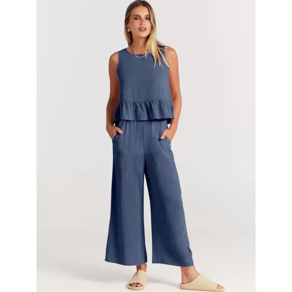 imageANRABESS Womens Summer 2 Piece Outfits Sleeveless Tank Crop Top Wide Leg Pants Linen Lounge Matching SetsDeep Blue