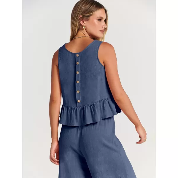 imageANRABESS Womens Summer 2 Piece Outfits Sleeveless Tank Crop Top Wide Leg Pants Linen Lounge Matching SetsDeep Blue