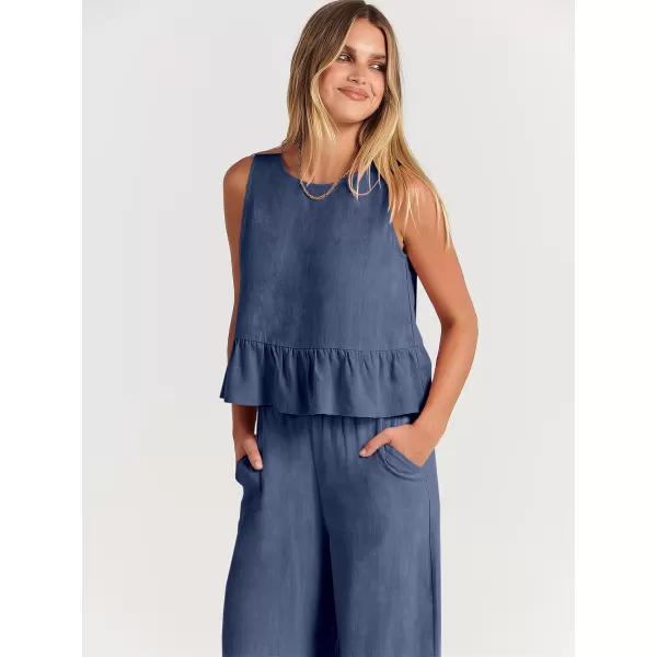 imageANRABESS Womens Summer 2 Piece Outfits Sleeveless Tank Crop Top Wide Leg Pants Linen Lounge Matching SetsDeep Blue