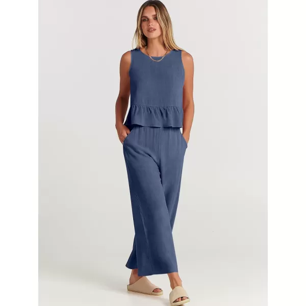 imageANRABESS Womens Summer 2 Piece Outfits Sleeveless Tank Crop Top Wide Leg Pants Linen Lounge Matching SetsDeep Blue