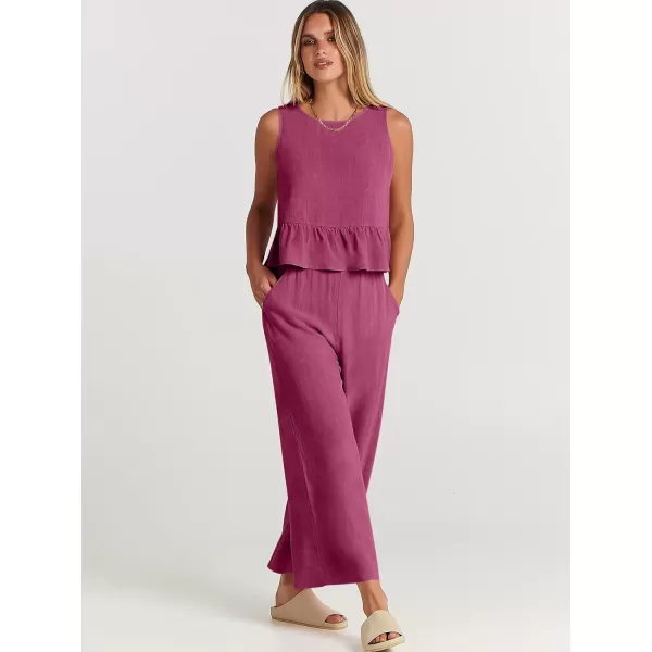 imageANRABESS Womens Summer 2 Piece Outfits Sleeveless Tank Crop Top Wide Leg Pants Linen Lounge Matching SetsFuchsia