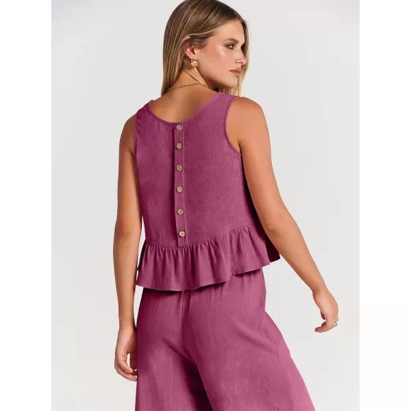 imageANRABESS Womens Summer 2 Piece Outfits Sleeveless Tank Crop Top Wide Leg Pants Linen Lounge Matching SetsFuchsia