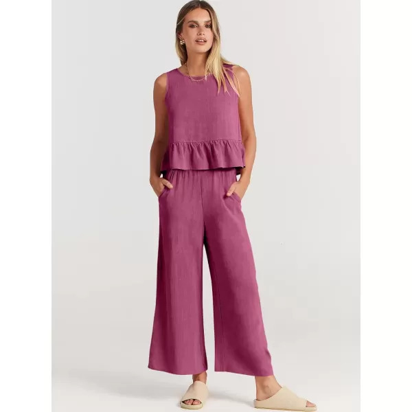 imageANRABESS Womens Summer 2 Piece Outfits Sleeveless Tank Crop Top Wide Leg Pants Linen Lounge Matching SetsFuchsia