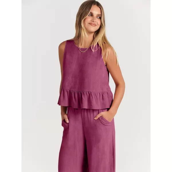 imageANRABESS Womens Summer 2 Piece Outfits Sleeveless Tank Crop Top Wide Leg Pants Linen Lounge Matching SetsFuchsia