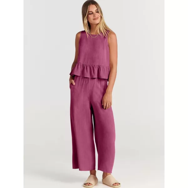 imageANRABESS Womens Summer 2 Piece Outfits Sleeveless Tank Crop Top Wide Leg Pants Linen Lounge Matching SetsFuchsia