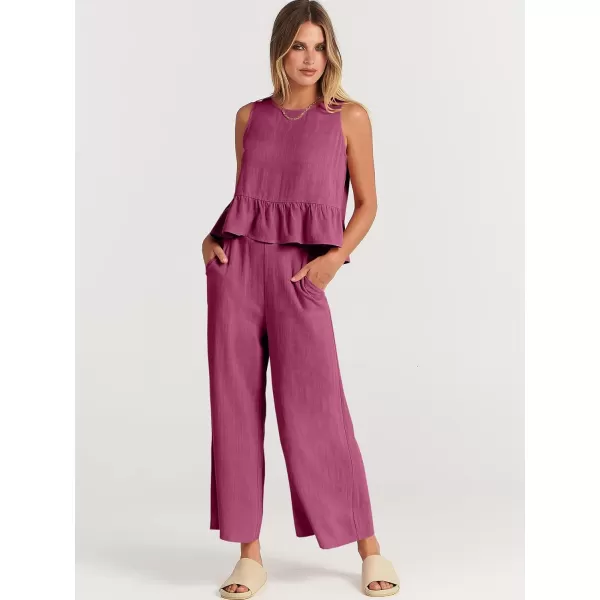 imageANRABESS Womens Summer 2 Piece Outfits Sleeveless Tank Crop Top Wide Leg Pants Linen Lounge Matching SetsFuchsia