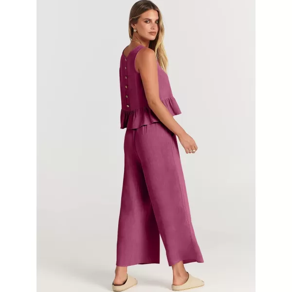 imageANRABESS Womens Summer 2 Piece Outfits Sleeveless Tank Crop Top Wide Leg Pants Linen Lounge Matching SetsFuchsia
