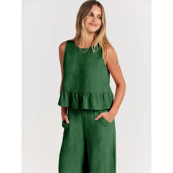 imageANRABESS Womens Summer 2 Piece Outfits Sleeveless Tank Crop Top Wide Leg Pants Linen Lounge Matching SetsGrass