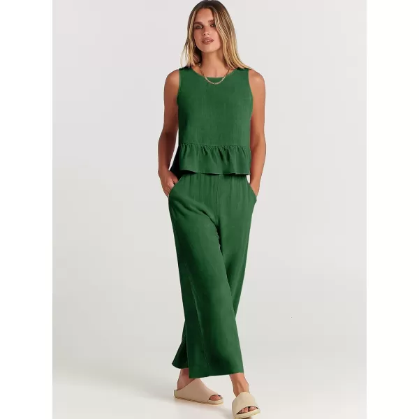 imageANRABESS Womens Summer 2 Piece Outfits Sleeveless Tank Crop Top Wide Leg Pants Linen Lounge Matching SetsGrass