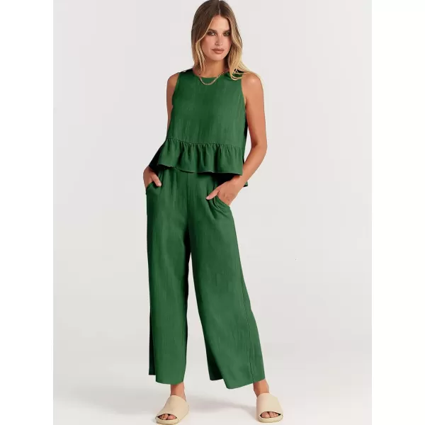 imageANRABESS Womens Summer 2 Piece Outfits Sleeveless Tank Crop Top Wide Leg Pants Linen Lounge Matching SetsGrass