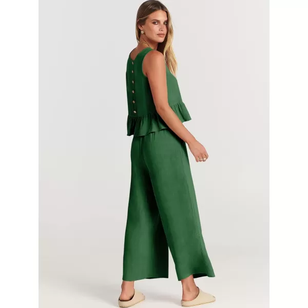 imageANRABESS Womens Summer 2 Piece Outfits Sleeveless Tank Crop Top Wide Leg Pants Linen Lounge Matching SetsGrass
