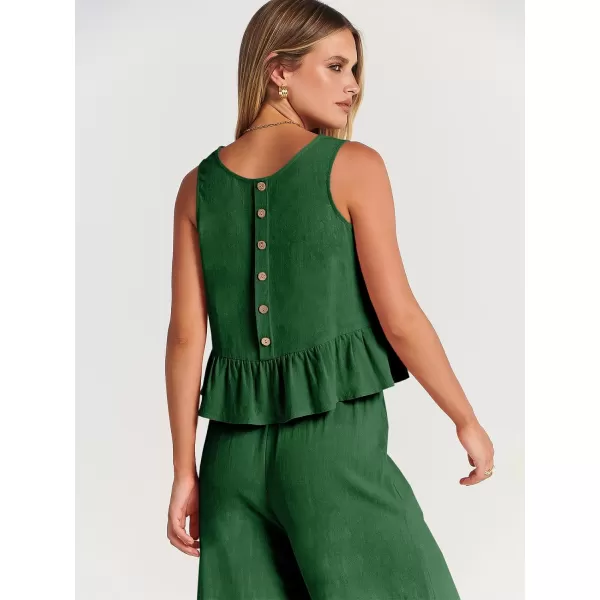 imageANRABESS Womens Summer 2 Piece Outfits Sleeveless Tank Crop Top Wide Leg Pants Linen Lounge Matching SetsGrass