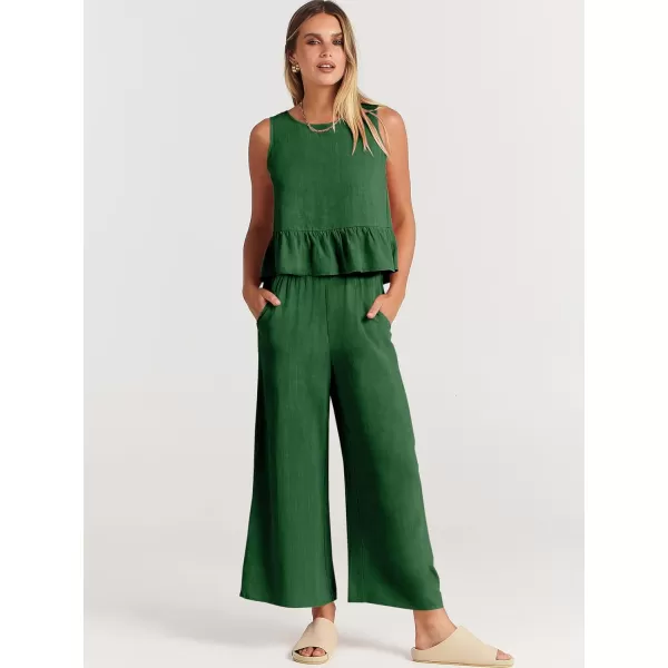 imageANRABESS Womens Summer 2 Piece Outfits Sleeveless Tank Crop Top Wide Leg Pants Linen Lounge Matching SetsGrass