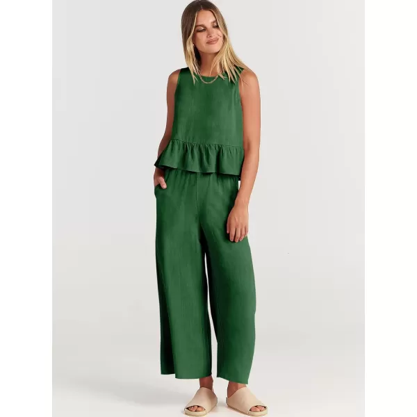 imageANRABESS Womens Summer 2 Piece Outfits Sleeveless Tank Crop Top Wide Leg Pants Linen Lounge Matching SetsGrass