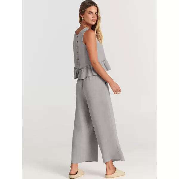 imageANRABESS Womens Summer 2 Piece Outfits Sleeveless Tank Crop Top Wide Leg Pants Linen Lounge Matching SetsGrey