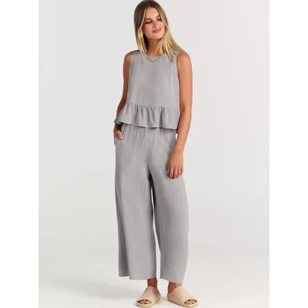 imageANRABESS Womens Summer 2 Piece Outfits Sleeveless Tank Crop Top Wide Leg Pants Linen Lounge Matching SetsGrey