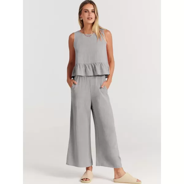 imageANRABESS Womens Summer 2 Piece Outfits Sleeveless Tank Crop Top Wide Leg Pants Linen Lounge Matching SetsGrey