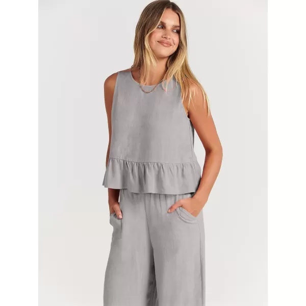 imageANRABESS Womens Summer 2 Piece Outfits Sleeveless Tank Crop Top Wide Leg Pants Linen Lounge Matching SetsGrey