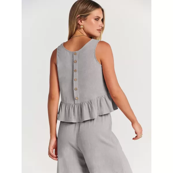 imageANRABESS Womens Summer 2 Piece Outfits Sleeveless Tank Crop Top Wide Leg Pants Linen Lounge Matching SetsGrey