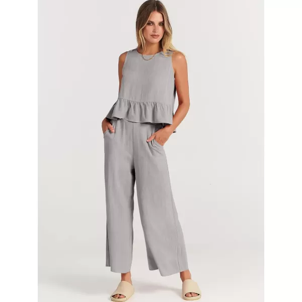 imageANRABESS Womens Summer 2 Piece Outfits Sleeveless Tank Crop Top Wide Leg Pants Linen Lounge Matching SetsGrey