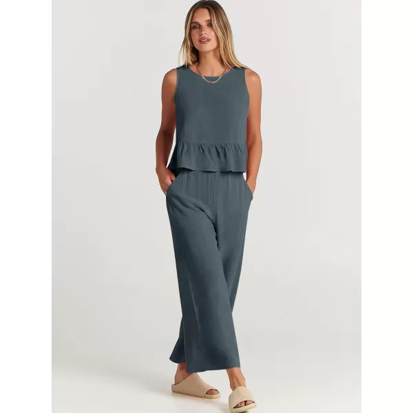imageANRABESS Womens Summer 2 Piece Outfits Sleeveless Tank Crop Top Wide Leg Pants Linen Lounge Matching SetsGrey Blue
