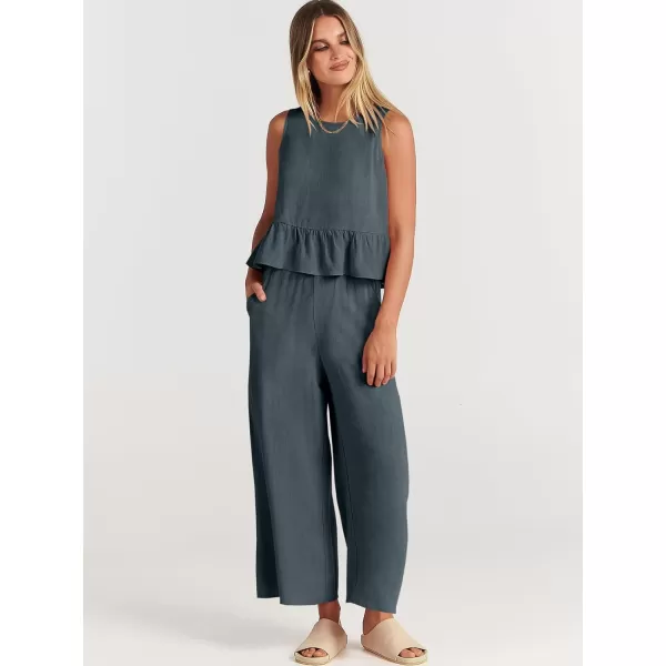 imageANRABESS Womens Summer 2 Piece Outfits Sleeveless Tank Crop Top Wide Leg Pants Linen Lounge Matching SetsGrey Blue