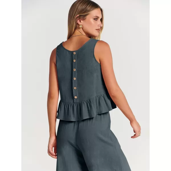 imageANRABESS Womens Summer 2 Piece Outfits Sleeveless Tank Crop Top Wide Leg Pants Linen Lounge Matching SetsGrey Blue