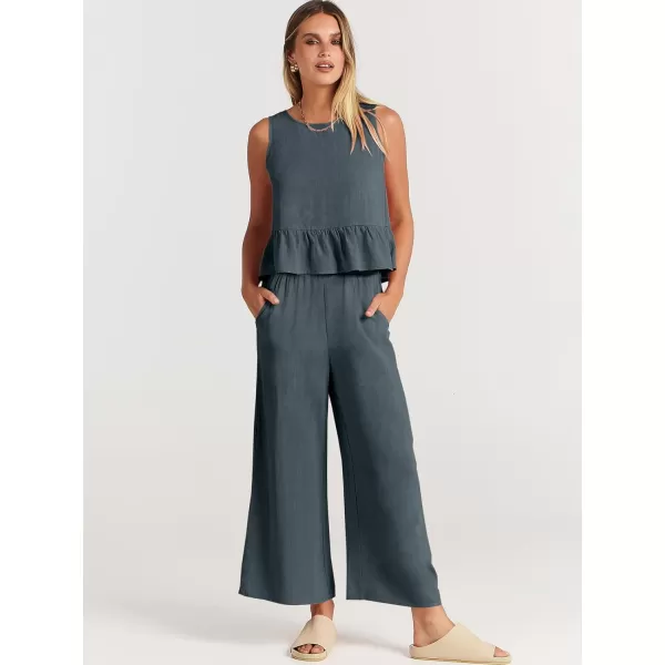 imageANRABESS Womens Summer 2 Piece Outfits Sleeveless Tank Crop Top Wide Leg Pants Linen Lounge Matching SetsGrey Blue