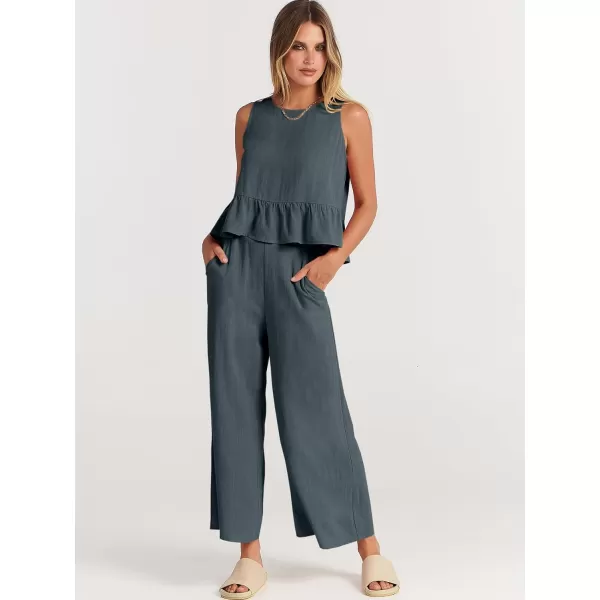 imageANRABESS Womens Summer 2 Piece Outfits Sleeveless Tank Crop Top Wide Leg Pants Linen Lounge Matching SetsGrey Blue