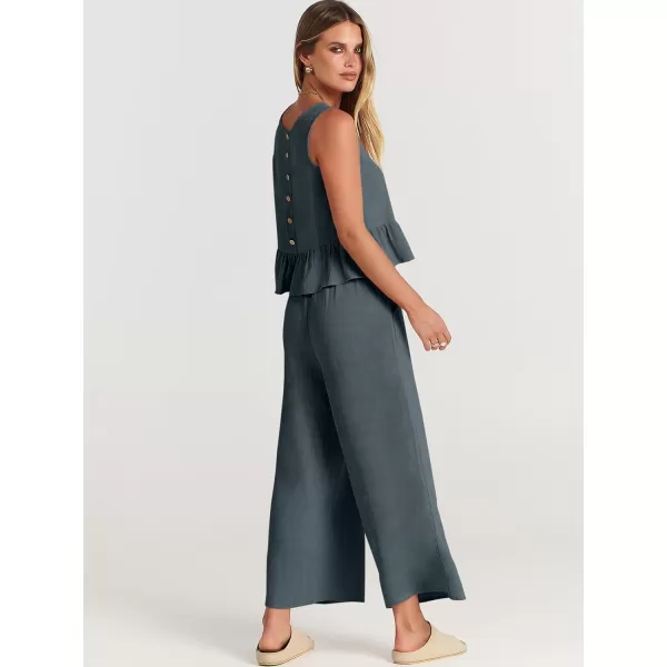 imageANRABESS Womens Summer 2 Piece Outfits Sleeveless Tank Crop Top Wide Leg Pants Linen Lounge Matching SetsGrey Blue
