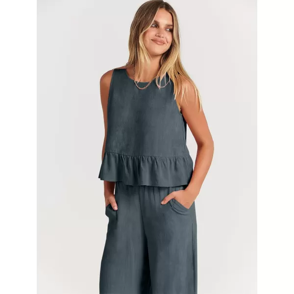 imageANRABESS Womens Summer 2 Piece Outfits Sleeveless Tank Crop Top Wide Leg Pants Linen Lounge Matching SetsGrey Blue