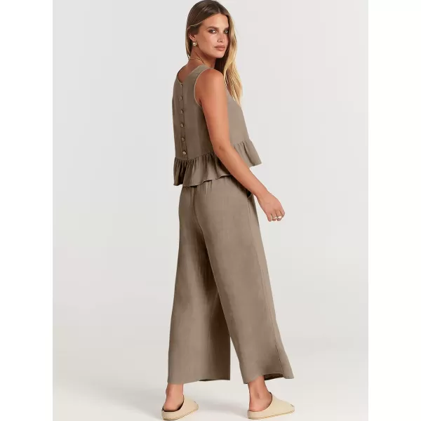 imageANRABESS Womens Summer 2 Piece Outfits Sleeveless Tank Crop Top Wide Leg Pants Linen Lounge Matching SetsKhaki