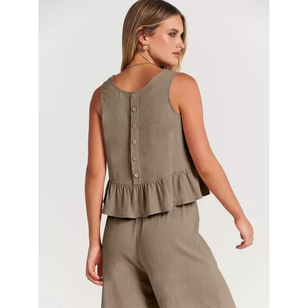 imageANRABESS Womens Summer 2 Piece Outfits Sleeveless Tank Crop Top Wide Leg Pants Linen Lounge Matching SetsKhaki