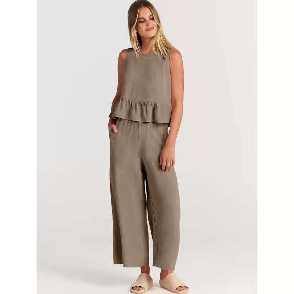 imageANRABESS Womens Summer 2 Piece Outfits Sleeveless Tank Crop Top Wide Leg Pants Linen Lounge Matching SetsKhaki