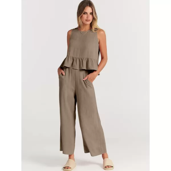 imageANRABESS Womens Summer 2 Piece Outfits Sleeveless Tank Crop Top Wide Leg Pants Linen Lounge Matching SetsKhaki