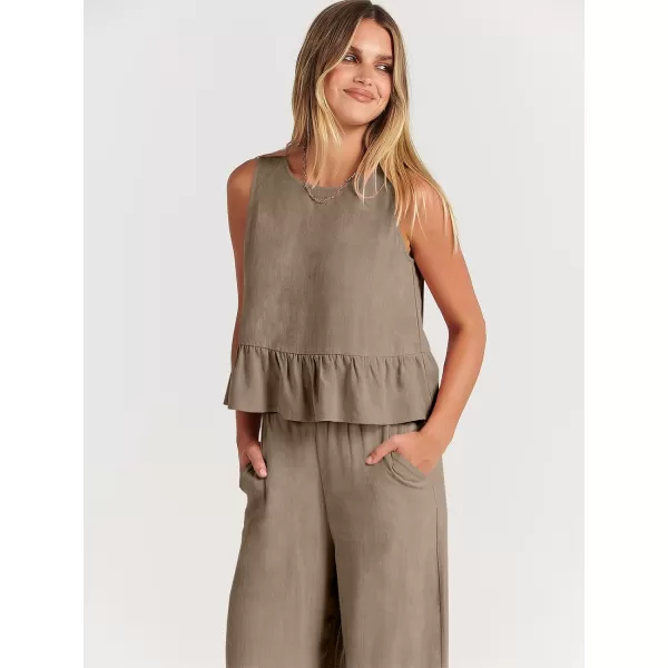 imageANRABESS Womens Summer 2 Piece Outfits Sleeveless Tank Crop Top Wide Leg Pants Linen Lounge Matching SetsKhaki