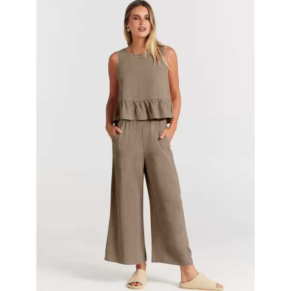 imageANRABESS Womens Summer 2 Piece Outfits Sleeveless Tank Crop Top Wide Leg Pants Linen Lounge Matching SetsKhaki