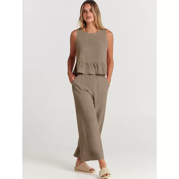 imageANRABESS Womens Summer 2 Piece Outfits Sleeveless Tank Crop Top Wide Leg Pants Linen Lounge Matching SetsKhaki