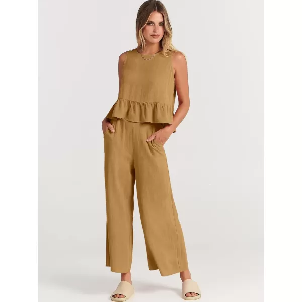 imageANRABESS Womens Summer 2 Piece Outfits Sleeveless Tank Crop Top Wide Leg Pants Linen Lounge Matching SetsLight Yellow