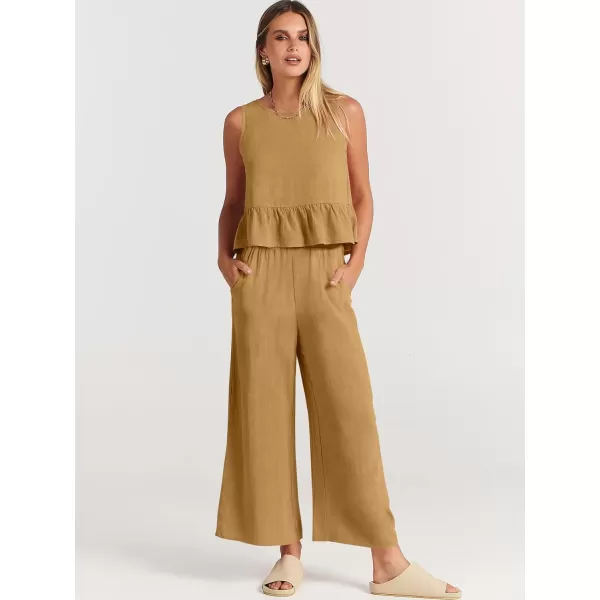 imageANRABESS Womens Summer 2 Piece Outfits Sleeveless Tank Crop Top Wide Leg Pants Linen Lounge Matching SetsLight Yellow