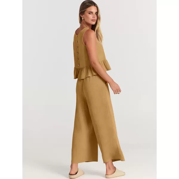 imageANRABESS Womens Summer 2 Piece Outfits Sleeveless Tank Crop Top Wide Leg Pants Linen Lounge Matching SetsLight Yellow