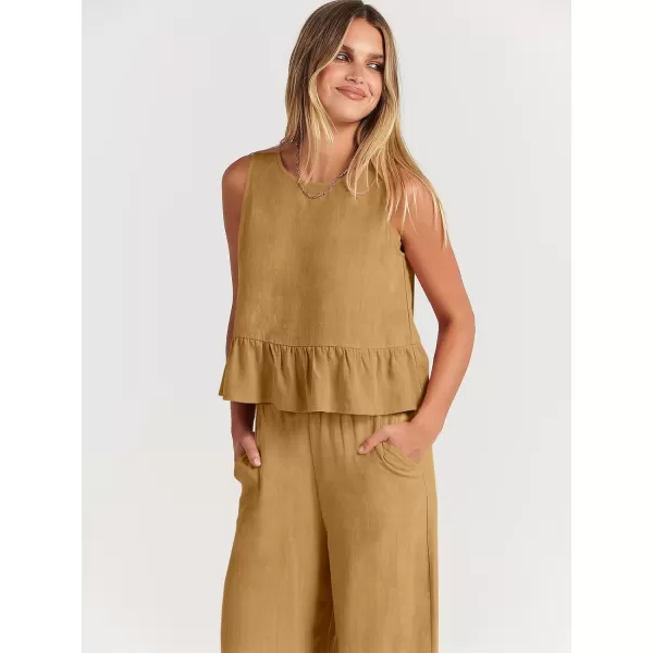 imageANRABESS Womens Summer 2 Piece Outfits Sleeveless Tank Crop Top Wide Leg Pants Linen Lounge Matching SetsLight Yellow