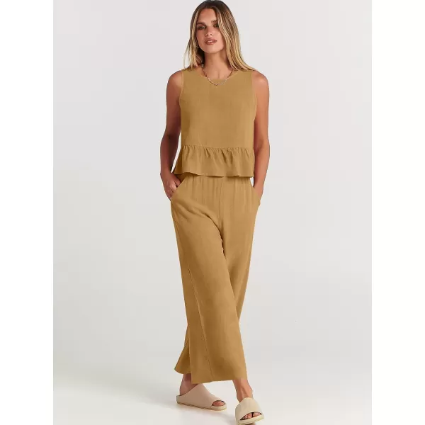 imageANRABESS Womens Summer 2 Piece Outfits Sleeveless Tank Crop Top Wide Leg Pants Linen Lounge Matching SetsLight Yellow