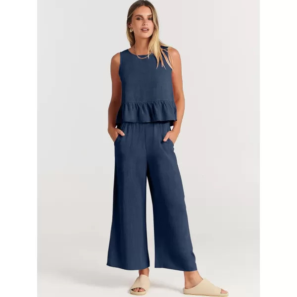 imageANRABESS Womens Summer 2 Piece Outfits Sleeveless Tank Crop Top Wide Leg Pants Linen Lounge Matching SetsNavy Blue
