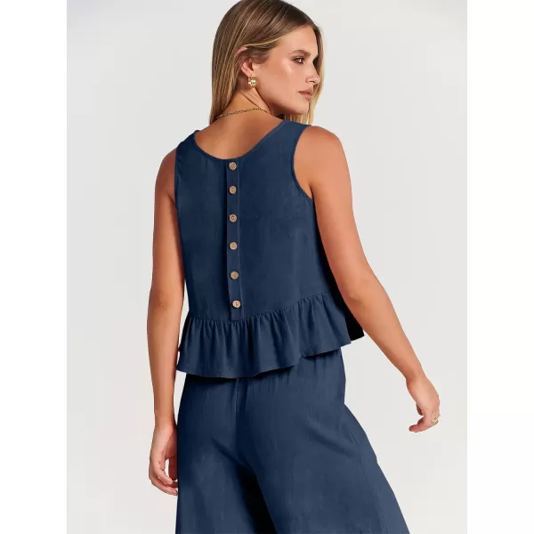 imageANRABESS Womens Summer 2 Piece Outfits Sleeveless Tank Crop Top Wide Leg Pants Linen Lounge Matching SetsNavy Blue