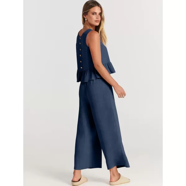 imageANRABESS Womens Summer 2 Piece Outfits Sleeveless Tank Crop Top Wide Leg Pants Linen Lounge Matching SetsNavy Blue