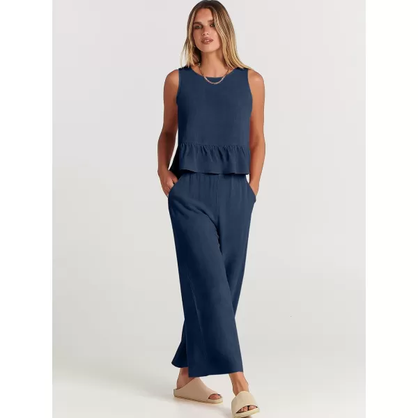 imageANRABESS Womens Summer 2 Piece Outfits Sleeveless Tank Crop Top Wide Leg Pants Linen Lounge Matching SetsNavy Blue